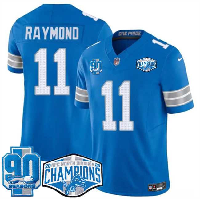 Mens Detroit Lions #11 Kalif Raymond Blue 2024 NFC North Champions 90th Anniversary Patch F.U.S.E. Vapor Limited Stitched Jersey